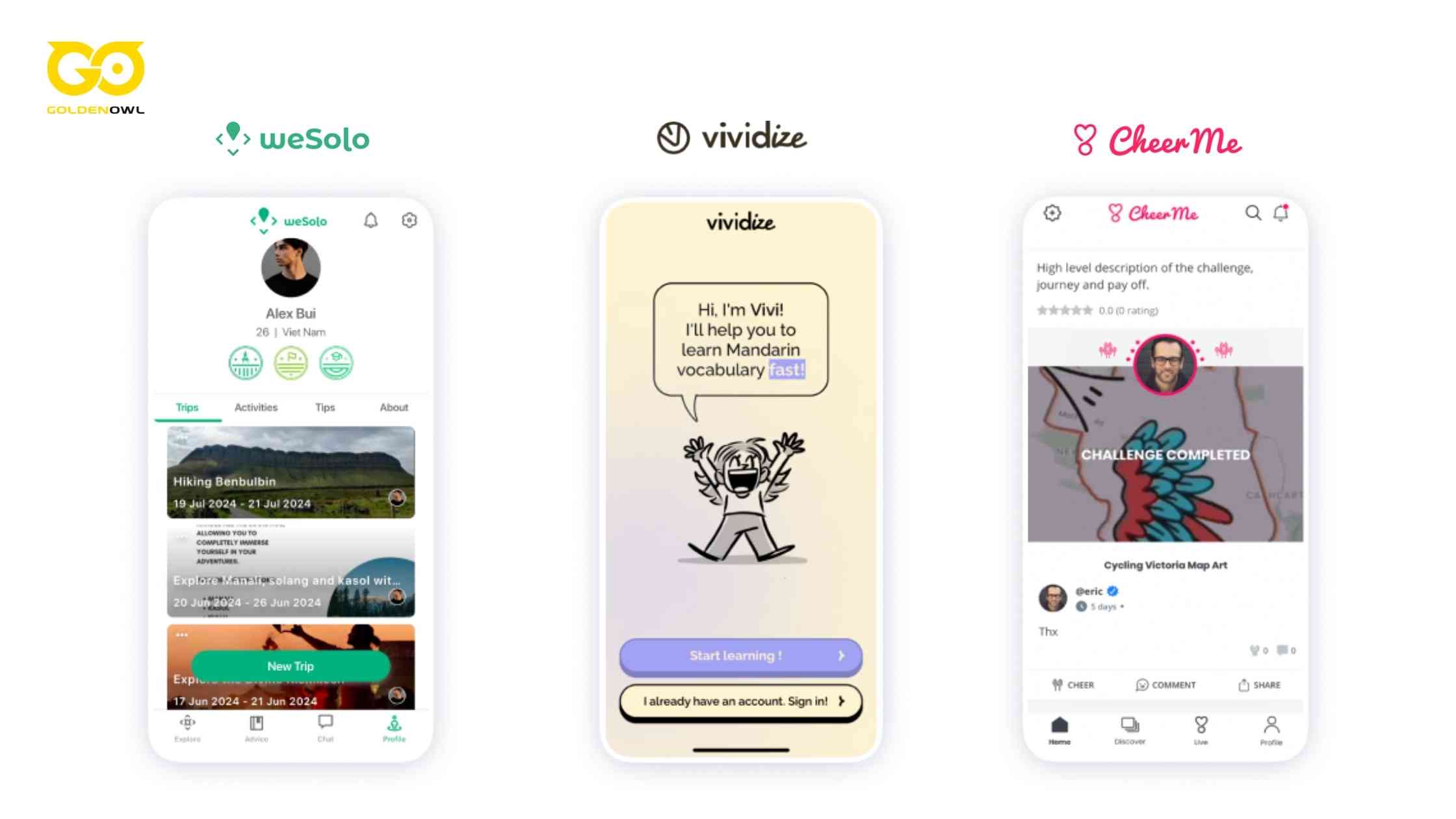 Apps Built with Swift and React Native by Golden Owl Solutions - WeSolo, Vividize, CheerMe