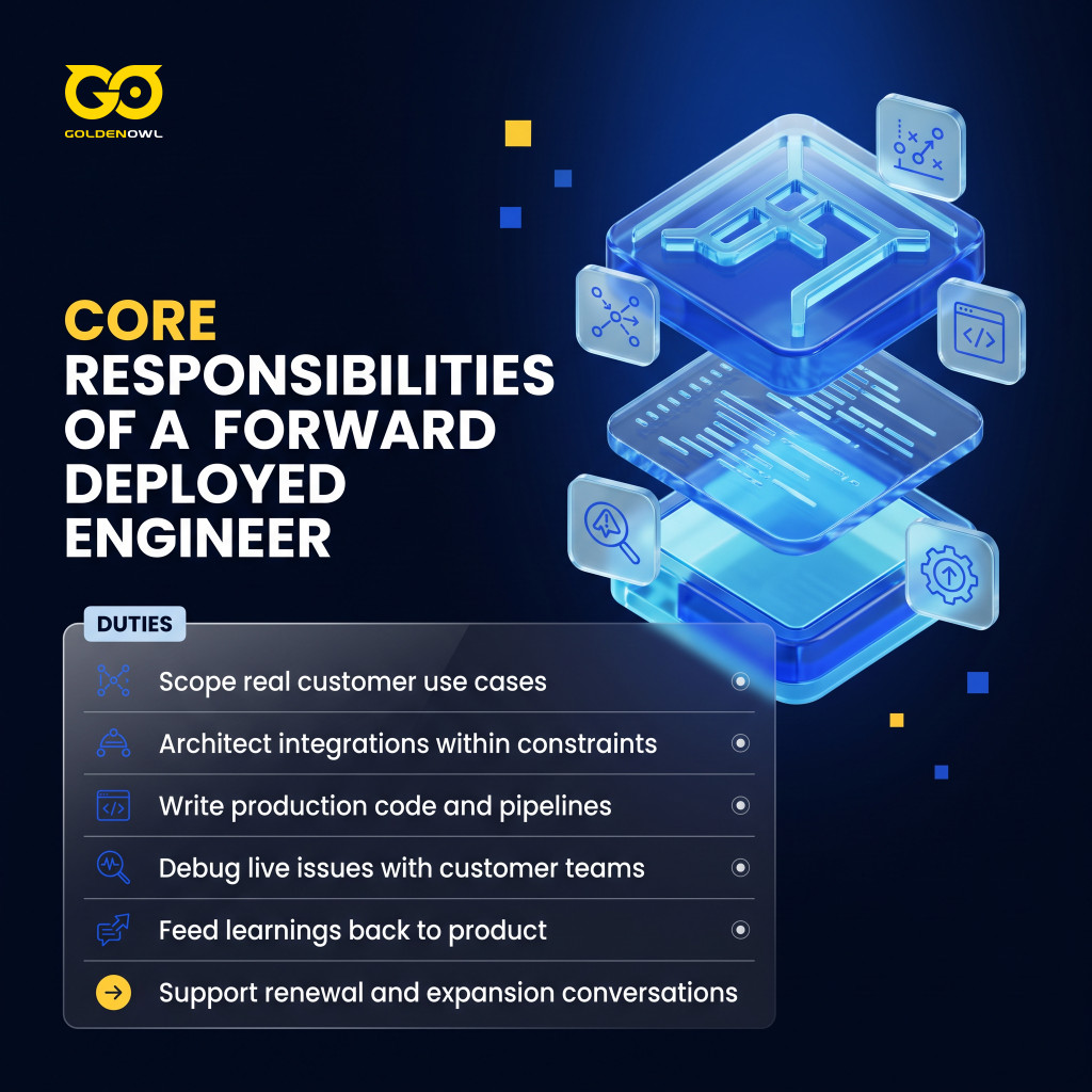 Checklist detailing the core responsibilities of a Forward Deployed Engineer, including scoping use cases, writing production code, and debugging live issues.