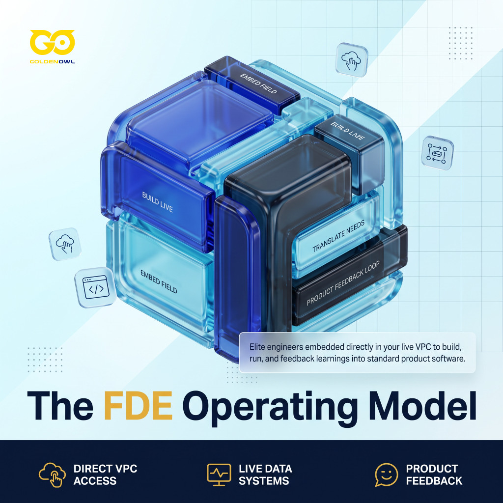 Concept graphic illustrating the FDE Operating Model with field embedding, live building, and product feedback loop.