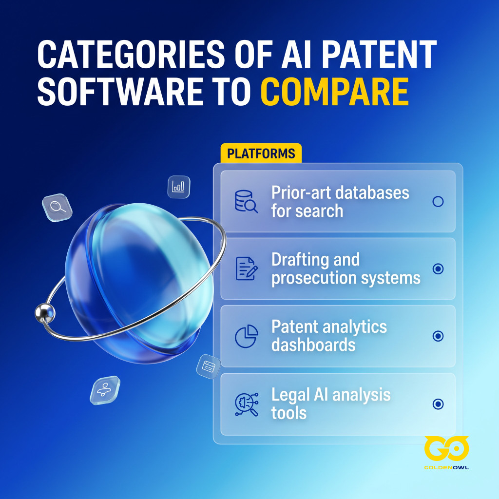 Graphic listing four categories of AI patent platforms: prior-art search, drafting, analytics, and legal AI.