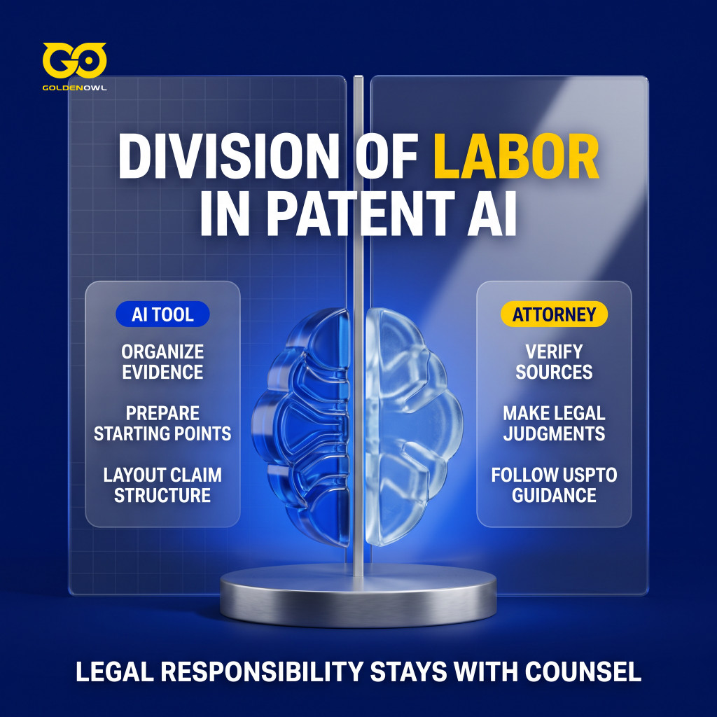 Comparison graphic showing the divided tasks between the AI tool (organizing evidence) and the attorney (making legal judgments).