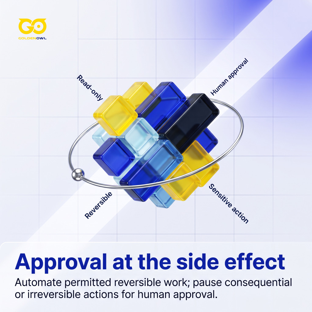 A human approval checkpoint separates reversible work from sensitive actions.