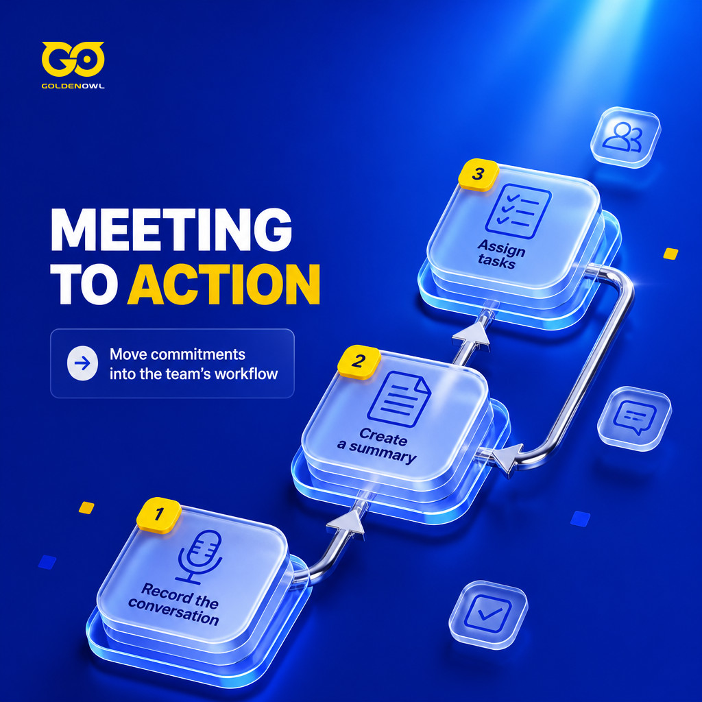 A meeting conversation becomes a summary and assigned team tasks.