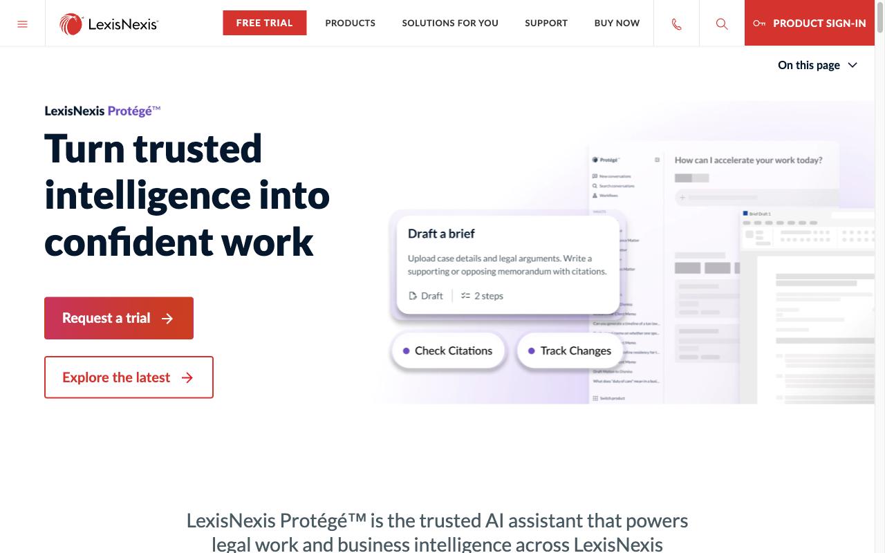 LexisNexis Protégé homepage showing the headline “Turn trusted intelligence into confident work” and a draft-a-brief prompt