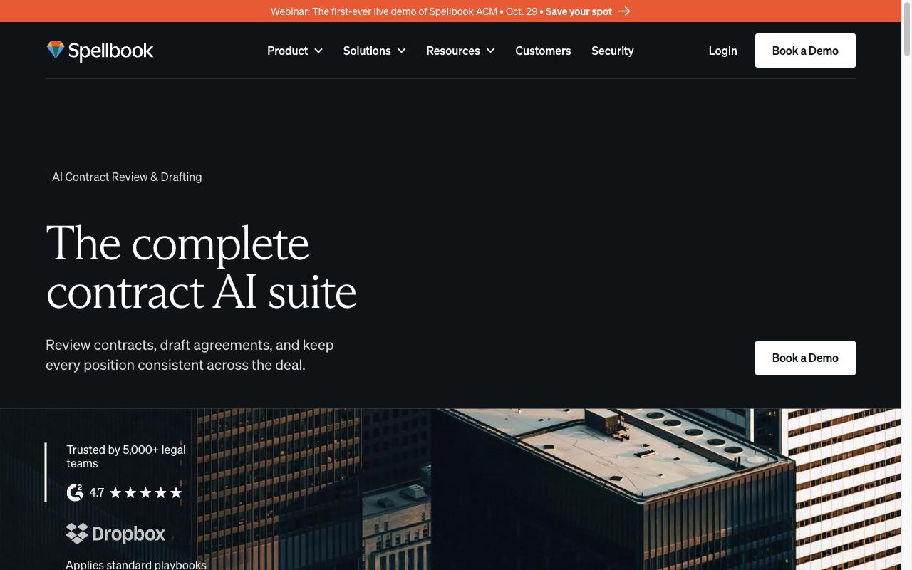 Spellbook homepage showing the headline “The complete contract AI suite” and a Book a Demo button
