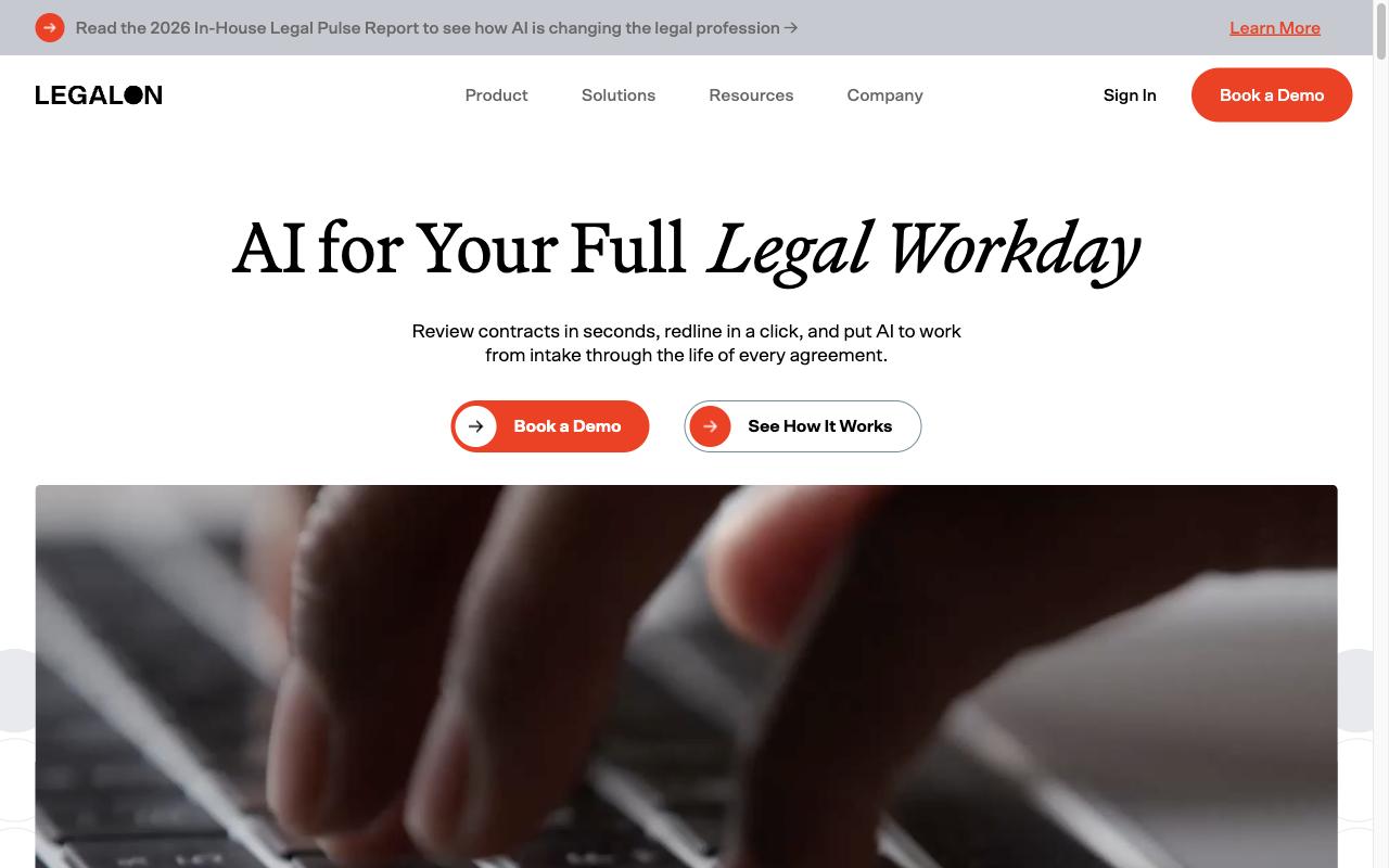 LegalOn homepage showing the headline “AI for Your Full Legal Workday”