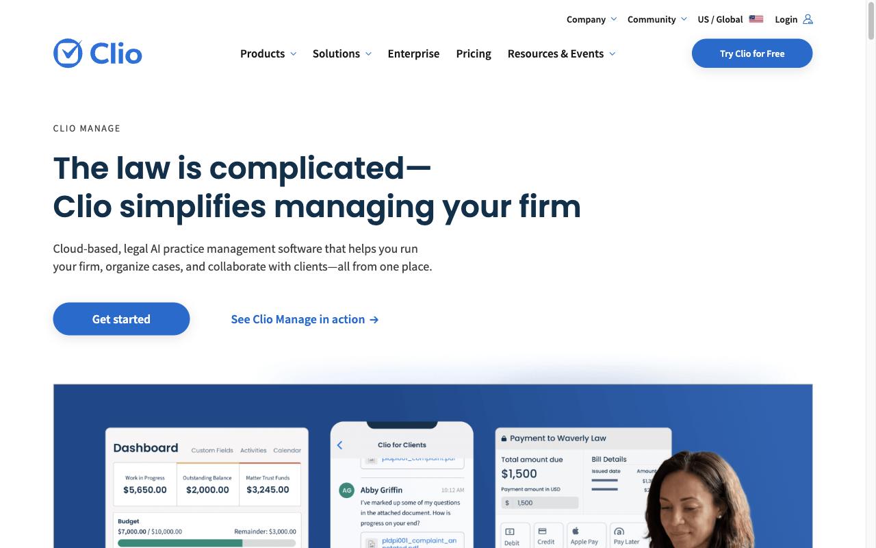 Clio Manage page showing the headline “Clio simplifies managing your firm” above a practice dashboard
