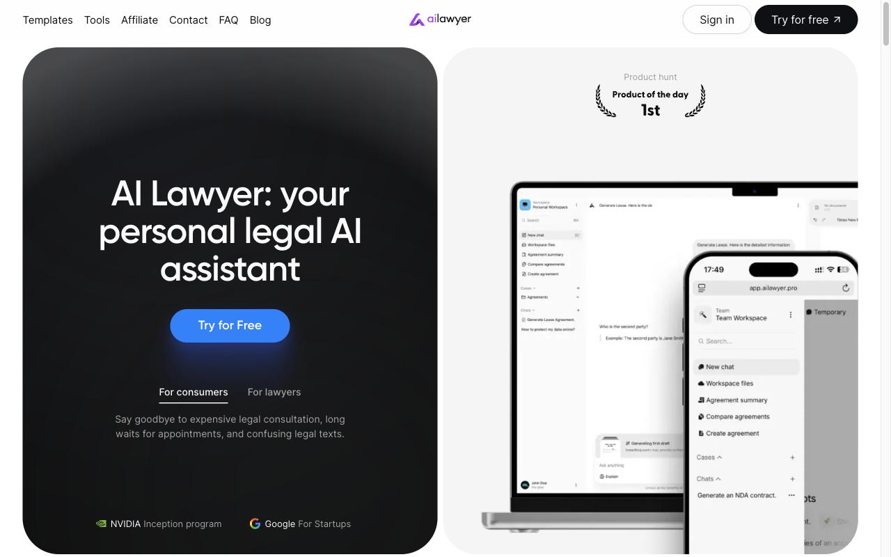 AI Lawyer homepage showing “your personal legal AI assistant” beside web and mobile app screens